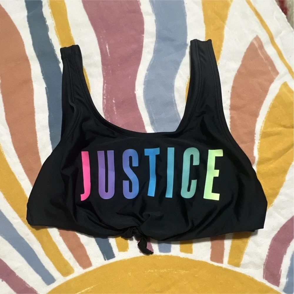 Justice Girls Bralette Swim Top Black Rainbow Logo Size 18 Polyester